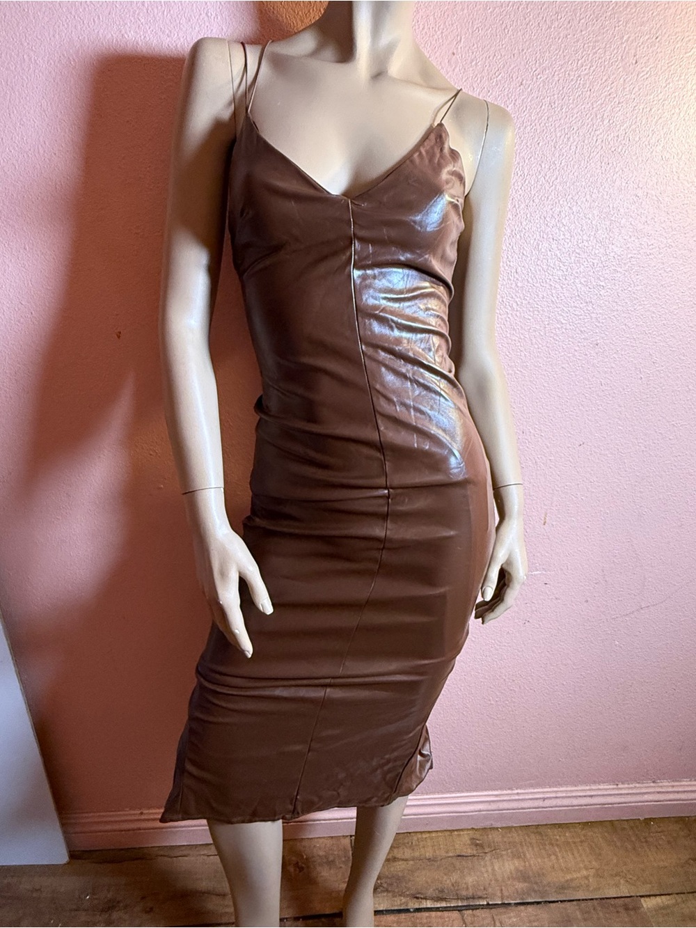 Fashion Nova Make It Sexy Faux Leather Midi Dress Brown Size Small NWT